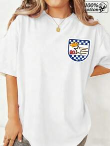 Camiseta blanca de mujer con un logotipo de escudo impreso y diseño de corona estrella, perfectara excursiones informales y ocio - Blanco - Ver 2