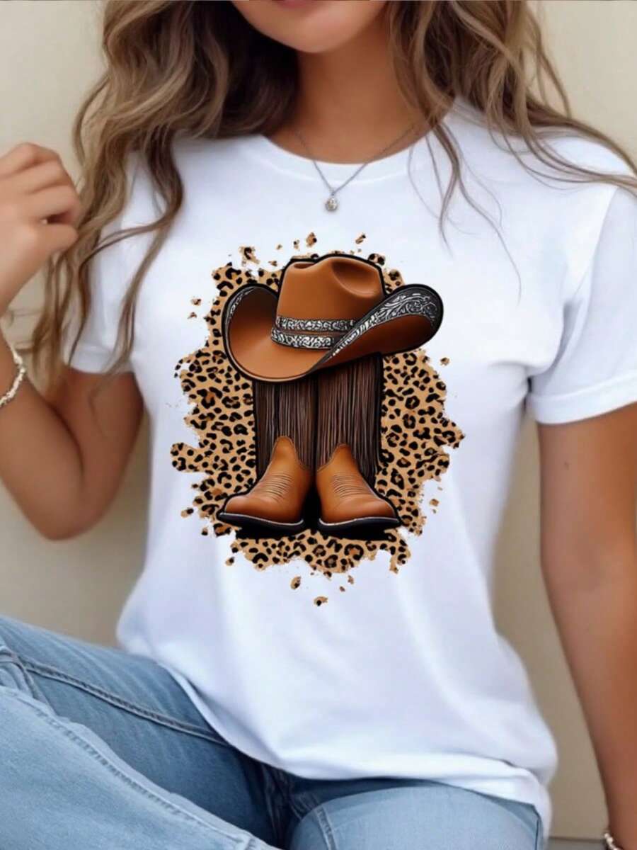 Sombrero de vaquero con estampado leopardo y botas. Camiseta de verano casual de mujer con cuello redondo blanco y mangas cortas, diseñ para la transpirabilidad