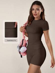 TimeOff 1 Set Women's Solid Color Fitted Short Sleeve T-Shirt And Shorts Sports Suit - Coffee Brown - View 5