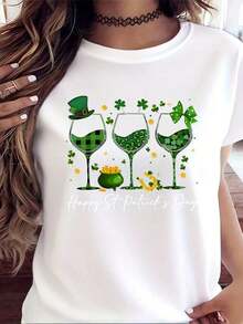 1 pieza St. Camiseta del Día de San Patricio para Mujer, Diseño de Trébol de la Suerte y Copa de Vino, Camiseta de Celebración del Día de San Patricio para Mujer, Ropa Verde para Fiestas Irlandesas, 210g, 100% Algodón, los diseños están impresos. Unisexo. - Blanco - Ver 9