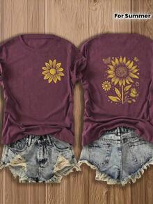 Summer TopsDouble-Sided Printed Colored Cotton T-Shirt  Comfortable, Stylish With Minimalist Design, Casual & Versatile, INS Style Sunflower And Butterfly Design 100 Percent Cotton Graphic T ShirtsLoose And Comfortablesummer - 酒紅色 - 查看 4