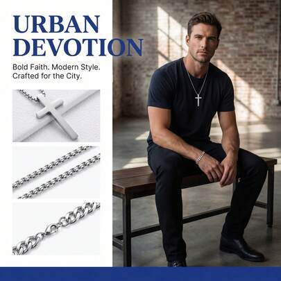 Men's Stainless Steel Cross Necklace And Bracelet Set, Silver Square Chain Cross Pendant + Cuban Chain Bracelet, Fade-Resistant Hip-Hop Style Jewelry.