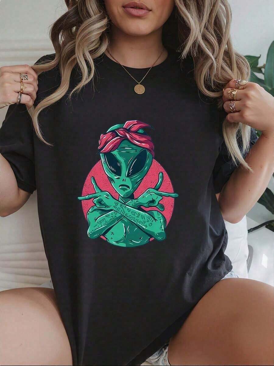 Camiseta creativa mujer alienígena ilustración divertida para momentos casuales algodón negro talla S-XL moda juvenil alternativa camiseta gráfica envío internacional rápida(Casual style, retro style, unisex) - Negro - Ver 1