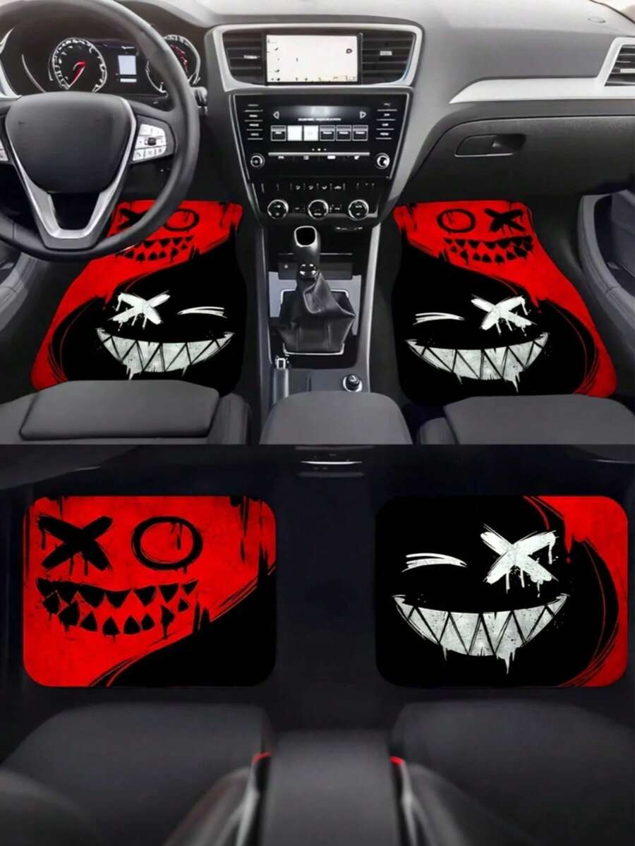 Universal Halloween Car Floor Mats - Featuring Creative Cheerful Face Design. Durable And Easy To Clean, Providing All-Weather Protection And Full Coverage. Suitable For All Car Models, Enhancing Interior Aesthetics.