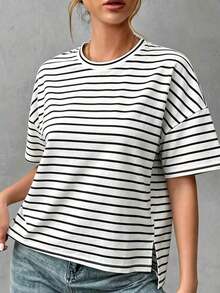 Camiseta holgada de estilo minimalista casual para mujer, con parte delantera corta y parte trasera larga, versátil para usar en la calle, adecuada para primavera y verano - Multicolor - Ver 11