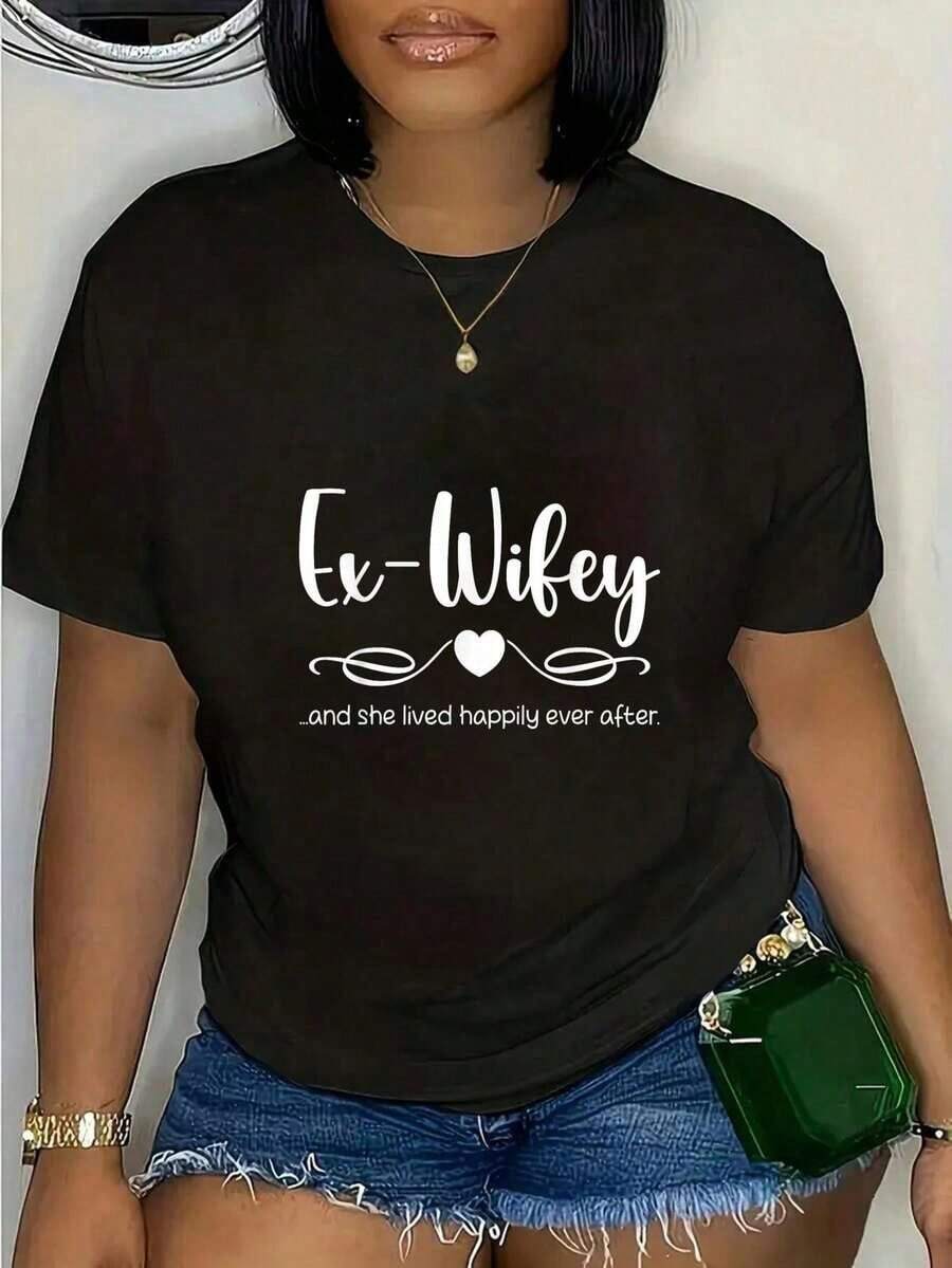 Camiseta 100% Algodón con Estampado "Ex-Esposa y Vivió Felizmente Hasta el Final del Divorcio" para Mujer, Camiseta Gráfica para Hombre y Mujer, Camiseta Casual de Manga Corta - Estilo Urbano Vintage, Unisex, Holgada, de Algodón, con Cuello Redondo, 100% Algodón Puro - Negro - Ver 1