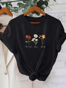 GiftMujer Camiseta de Manga Corta con Estampado de Flores Rosa Margarita y Tulipán Diseño Divertido para el Amor la Pureza y la Felicidad Casual para Mujeres Talla S a XXLSoft - Negro - Ver 7