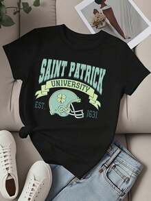 Women's Crew Neck T-Shirt With St. Patrick's University Football Helmet And Shamrock Print, Short Sleeve, Casual Clothing For College Sports Fans - 黑色 - 查看 2