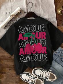 Camiseta Casual de Manga Corta para Mujer con Estampado de Letras "AMOUR" y Diseño de Cerezas - Top de Verano Negro con Cuello Redondo, Corte Regular, Ligera y Transpirable para Atuendos Casuales, Camisetas para Mujer Y2k Camiseta Camisa De - Negro - Ver 2