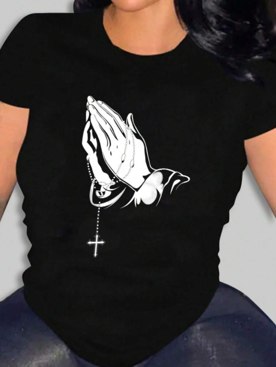 Women's Short-Sleeved T-Shirt With Round Neck, Comfortable And Breathable; Women's Casual Wear, Versatile Garment; Aesthetic Design With A Print Of Praying Hands And A Rosary, Fully Showcasing Feminine Fashion; Diverse Styles, Easy To Match With Different Types Of Fashion. - 黑色 - 查看 1