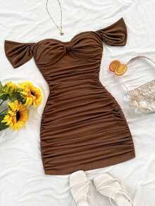 Vestido mini ajustado de punto rojo con hombros descubiertos para mujer, diseño con espalda calada, adecuado para vacaciones, citas, té de la tarde, temporada de bodas, playa, crucero, vacaciones en la ciudad, vacaciones bohemias, festivales de - Marrón - Ver 6