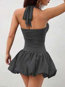 Vestido informal corto de unicolor con cuello de lazo y espalda descubierta para mujer - Gris Oscuro - Ver 2