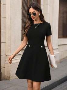 Vestido mini elegante y chic de mujer con unicolor, decoración de botones y encaje en la cintura, para el verano - Negro 2 - Ver 3