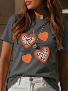 New Short-Sleeved Crew Neck T-Shirt For Women, Spring/Summer Design, Perfectly Combining Modern Lettering And A Heart Print, Breathable And Sweat-Wicking. Direct Shipping From Our Local Warehouse, Couples' Style, Ideal For Wearing Together. - 綠色 - 查看 2
