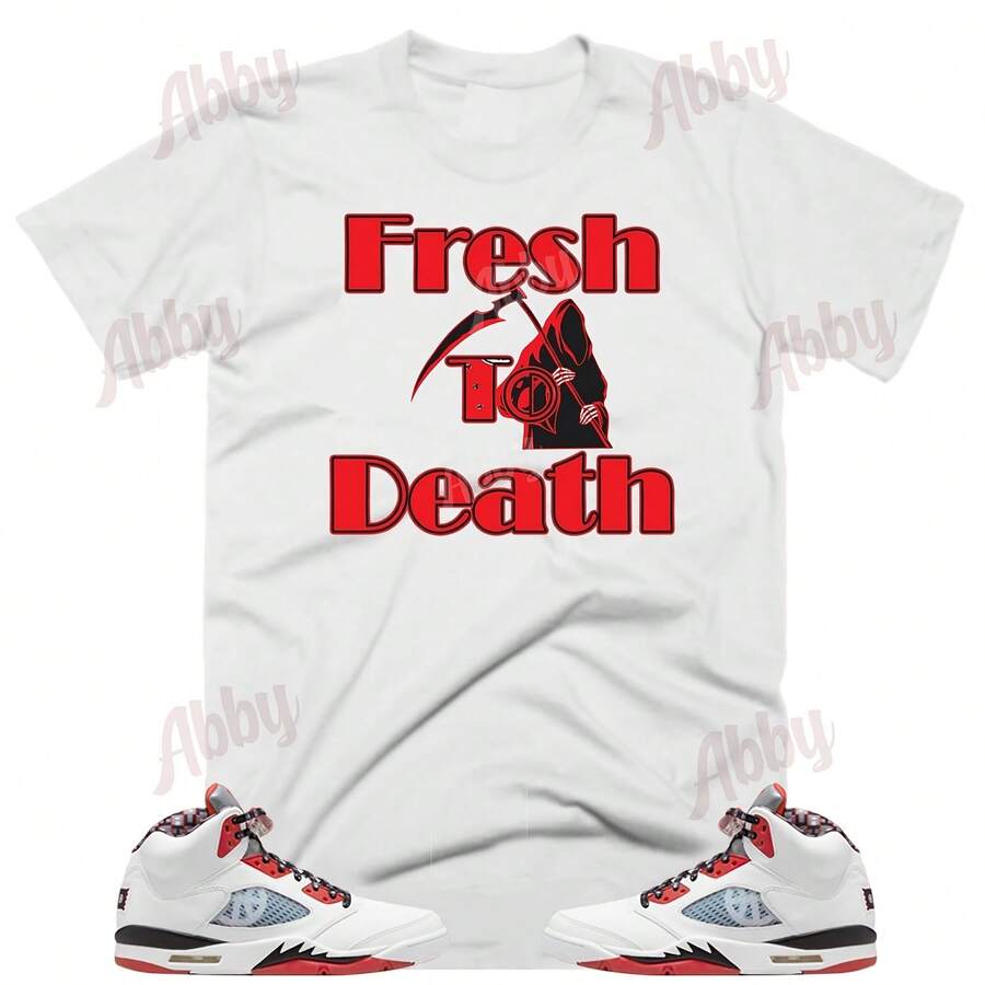 Airs Jordans 5 Quai 54 Fresh To Death Sports T-Shirt, Retro 5 Quai 54 T-Shirt, Red And White Retro 5 T-Shirt - 款式 - 查看 1