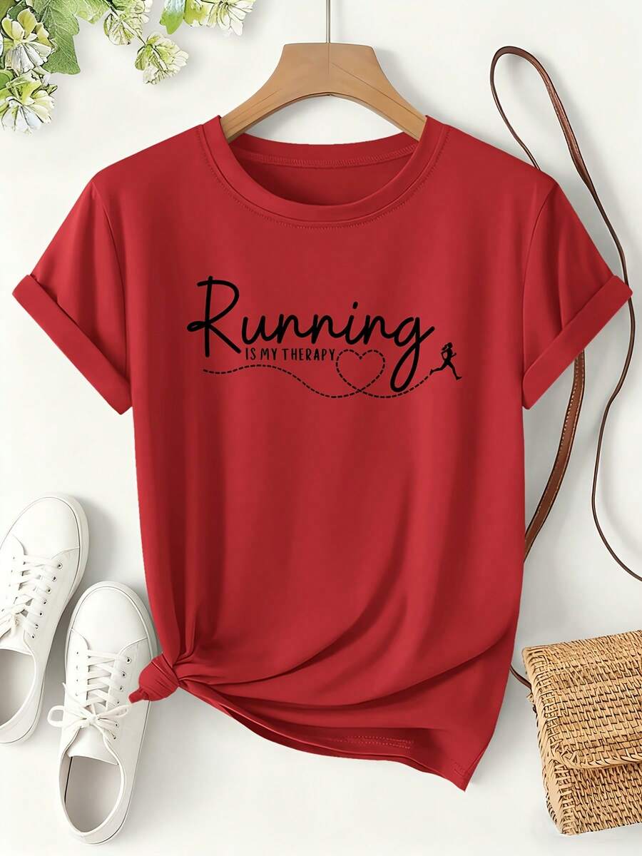 Camiseta de Mujer Estampada "Correr Es Mi Terapia", Camiseta de Moda Primavera/Verano, Deportiva de Manga Corta, Holgada y Adelgazante para Fitness y Uso Diario, Diseño Versátil y Moderno con Lema Divertido, Ropa de Mujer - Rojo - Ver 1