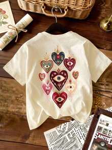 Camiseta de verano para mujer con cuello redondo, mangas cortas, elástica, con estampado de corazón y ojo, estilo casual y a la moda. - Albaricoque - Ver 3