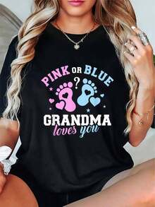 High-Quality Wholesale Gender Reveal T-Shirt "Grandma's Love" - Soft, 100% Cotton, Crew Neck, Footprint And Heart Design In Pink Or Blue, Machine Washable, Gender Reveal Party Gift, Women's Casual Clothing With Fun Text, Machine Washable Garment, New 2026 - 100% Breathable Cotton - 黑色 - 查看 7