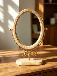 1pc Classic Oval Tabletop Makeup Mirror, 360° Rotating New Chinese Style Wooden Vanity Mirror, Home Decor, Suitable For Dressing Table And Bedroom - Multicolor - View 3