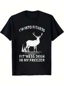 Funny Gym T-Shirt - Deer Graphic Design With The Phrase "I Love Fitness, I'm In My Freezer" - Casual Thick Cotton T-Shirt For Workout And Everyday Wear - Funny Motivational Weight Loss Clothing - Short Sleeve Crew Neck T-Shirt, Machine Washable, Heat Transfer Print, Regular Fit, All Seasons Wear, Humorous Fitness Phrase, Deer Design And Comfortable Cotton Fabric - 黑色 - 查看 1