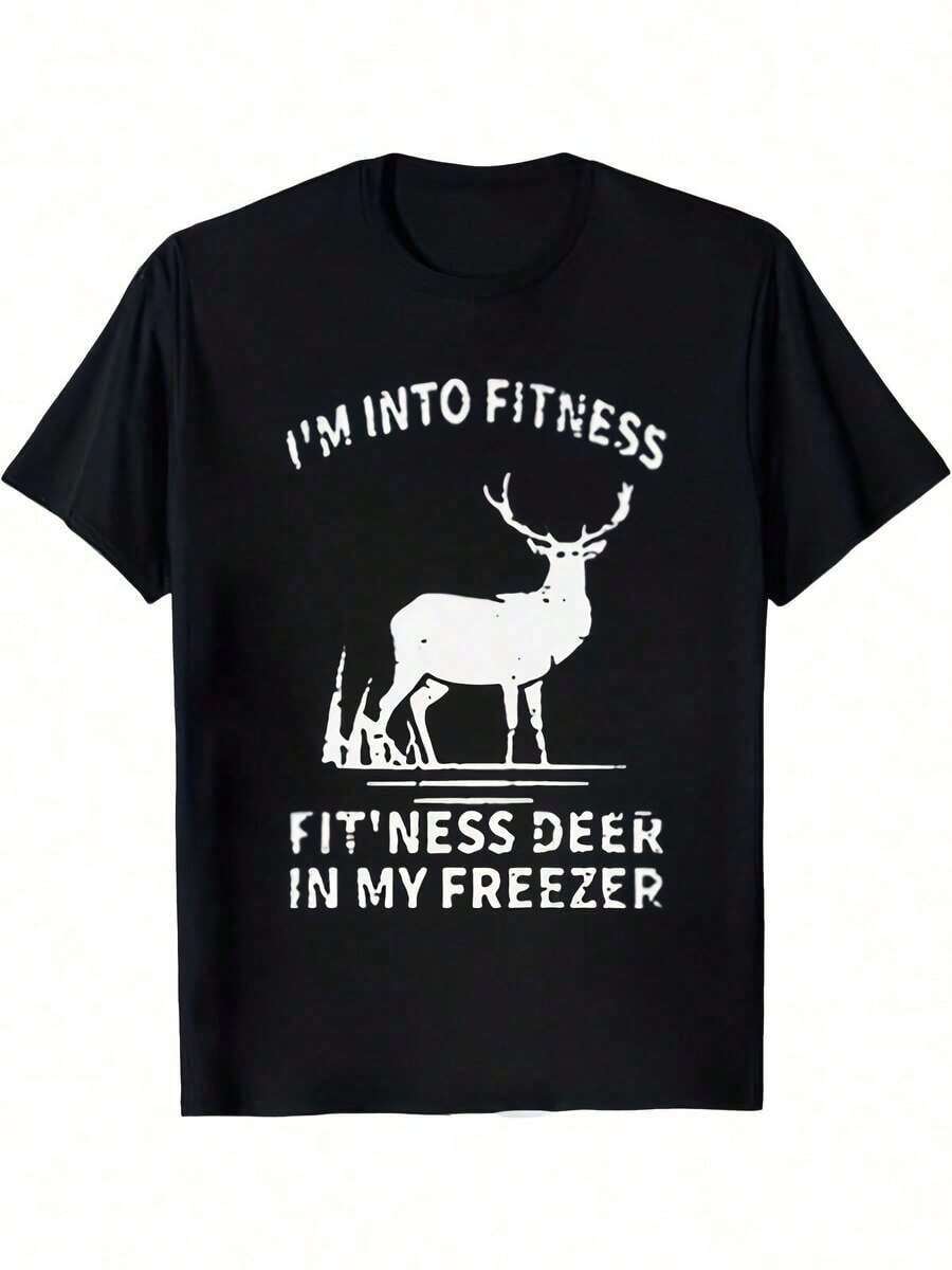 Funny Gym T-Shirt - Deer Graphic Design With The Phrase "I Love Fitness, I'm In My Freezer" - Casual Thick Cotton T-Shirt For Workout And Everyday Wear - Funny Motivational Weight Loss Clothing - Short Sleeve Crew Neck T-Shirt, Machine Washable, Heat Transfer Print, Regular Fit, All Seasons Wear, Humorous Fitness Phrase, Deer Design And Comfortable Cotton Fabric - 黑色 - 查看 1