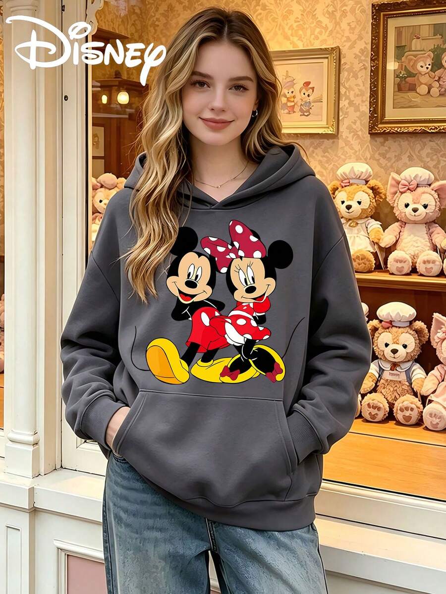 Winter Women's Fashionable Long Sleeved Hooded Sweatshirt, Made Of Comfortable Fabric, Suitable For All Seasons, Versatile For Various Occasions, Printed With Disney Mickey Mouse Pattern. - 灰色 - 查看 1