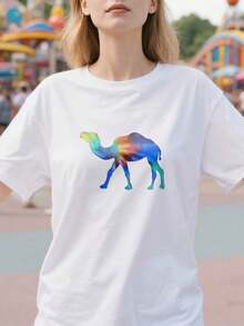 Camiseta Vintage con Estampado Tie-Dye de Silueta de Camello Caminando, para Amantes de Animales del Desierto, Blusas para Mujer - Blanco - Ver 3