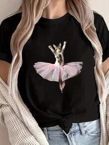 Camiseta con Estampado de Gato Bailarín en Rosa, Manga Corta, Cuello Redondo, Estilo Casual para Verano y Primavera, Ropa de Mujer - Negro - Ver 12