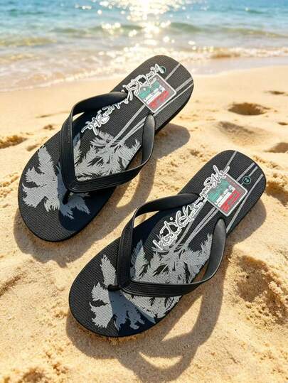 Men's Fashion Slippers With Coconut Tree & Letter Design, Casual Flip Flops For Beach, Party, Home & Outdoor, Summer
