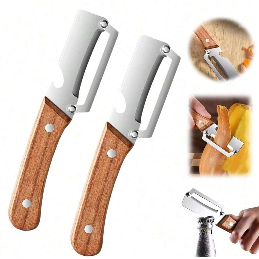 2 PCS Multi Functional Premium Vegetable Peeler With Wooden Handle And Bottle Opener Stainless Steel Blade Kitchen Fruit Potato - 2 Pcs - 查看 1