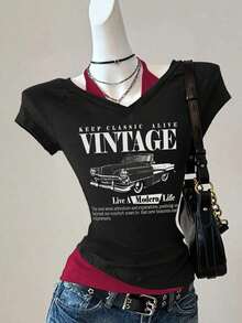 Camiseta de mujer casual de cuello en V retro, con atar, de manga corta y contraste de color, adecuada para el verano - Negro - Ver 3