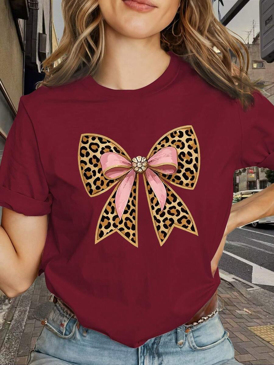 High-Quality Wholesale Women's T-Shirt, Comfortable And Stylish, With Bow Design And Leopard Print, Unique Print, Ideal For Best Friend Sets, Loose Fit, Casual, Versatile, Comfortable And Skin-Friendly, Crew Neck, New 2026 - 100% Breathable Cotton - 紅色 - 查看 1