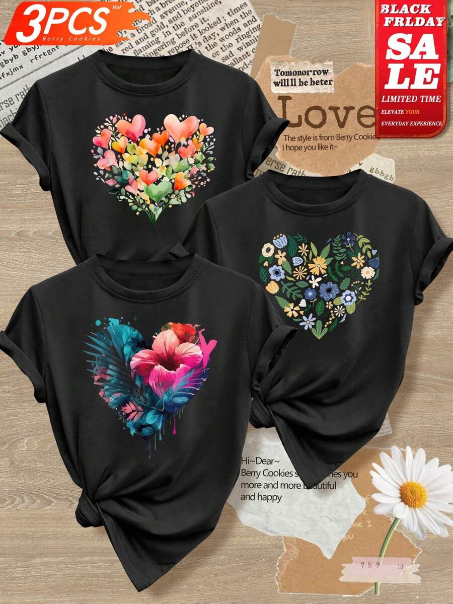 Camisetas de manga corta para mujer para el Día de San Valentín - Blusas con estampado floral tropical en acuarela y corazones, tela suave lavable a máquina, tallas S-XXXL (se están vendiendo rápidamente) - Atuendos románticos para citas, vacaciones y uso casual - Regalo de San Valentín para ella, camiseta casual y versátil.Una sola pieza, no un conjunto de 3 piezas. - Blanco y Negro - Ver 1