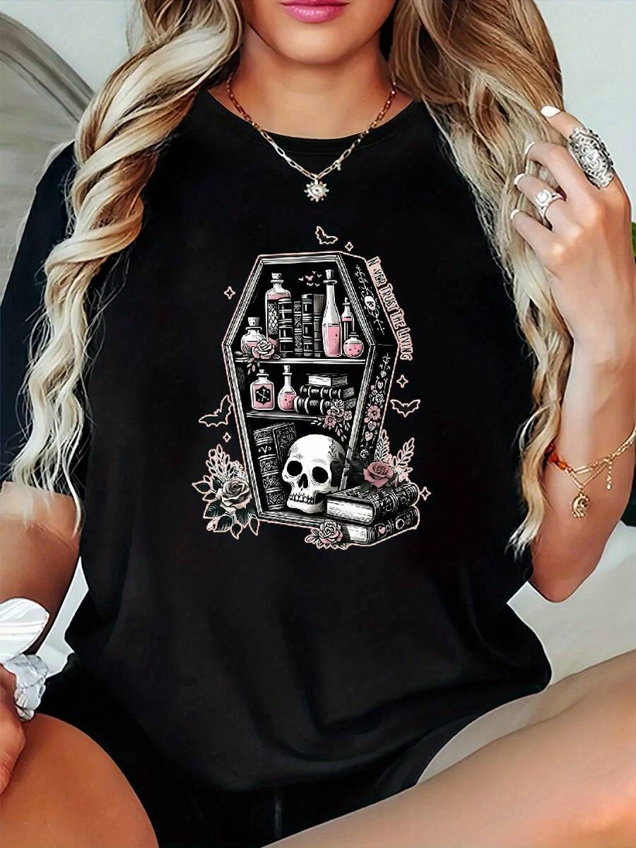 Tallas Grandes, Moda Casual para Mujer Tallas Grandes, Tops con Estampados Gráficos, Ropa para Primavera, Verano y Otoño, Uso Diario y Combinables - Negro - Ver 1