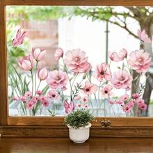 1 pieza Adhesivo de ventana floral caprichoso, adhesivo de ventana estático, calcomanía de amapola y tulipán acuarela rosa, PVC semibrillante, removible, para sala de estar, dormitorio, decoración del hogar - Multicolor - Ver 3