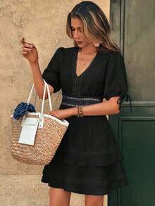Clasi Vestido mini de manga abullonada con ribete de encaje de unicolor para mujer, para verano - Negro - Ver 1