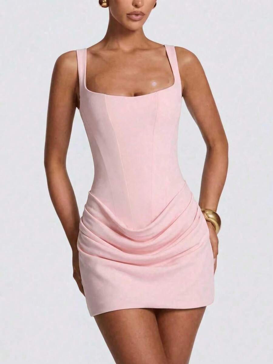 1 buah Gaun Mini Wanita Warna Polos Leher Bentuk Hati dengan Pinggang Berkerut, Modis, Warna Pink untuk Pesta Musim Panas yang Elegan - Berwarna merah muda - View 1