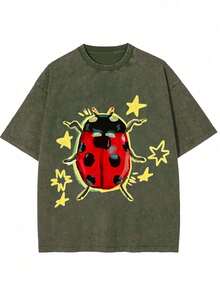 Washed Purple Women Tops, Ladybug Printed T-Shirts Under The Stars, High-Quality Vintage Fashion Brand T-Shirts, Ladies' Summer T-Shirts, Perfect Gifts For Mother's Day, Father's Day And Easter.Mother's Day Gift Outfits,Summer Cool Graphic Tee,World Cup Clothing,Unisex Vintage Washed Distressed Tee,Suitable For Men And Women. - 綠色 - 查看 13