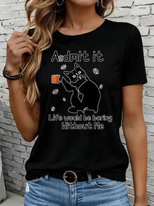 Women's Short-Sleeved T-Shirts In Black And White Are Suitable For Everyday Wear, Lounging At Home, And Outdoor Adventures. Admit It, Life Would Be Boring Without Me. Women's Cat Design T-Shirt, Fun Graphic Tee For Pet Lovers, Party Gift. - 黑色 - 查看 7