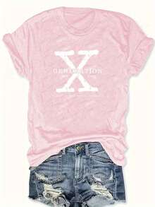 Camiseta Gráfica "GENERATION X" de Talla Grande para Mujer - Cuello Redondo Casual, Manga Corta, Estampado de Letras para Otoño/Invierno - Gris rosado pálido - Ver 6