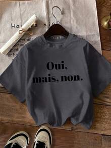 Talla Grande, Camiseta con Estampado de Letras, Manga Corta, Cuello Redondo, Top Casual, Ropa de Mujer - Gris Oscuro - Ver 6