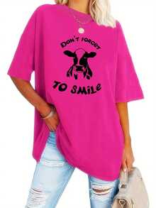 Talla grande, camiseta con estampado de letras, top casual de manga corta y cuello redondo, ropa de mujer. - Rosa Fucsia - Ver 6