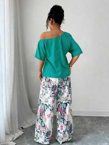 2 piezas Conjunto de top asimétrico de cuello sólido y pantalones con estampado tropical, estilo casual de vacaciones - Verde - Ver 2