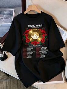 Bruno Marss T-Shirt 2026, The Romance Tour Graphic T-Shirt In Gold Vinyl, Pop Singer Tour Oversized T-Shirt, Black Cotton Casual Top, Retro Bootleg Style K-Pop Idol Oversized T-Shirt, Vintage Graphic Print T-Shirt, Short Sleeve Casual Top, K-Pop Fan Merchandise, Black Streetwear T-Shirt For Fans, Vintage K-Pop Star Graphic T-Shirt, Short Sleeve Oversized T-Shirt With Retro Lightning Bolt Letter Print, Black Casual Crew Neck Top, Streetwear Style Idol Fan Gift, Comfortable Loose Fit Cotton Blend T-Shirt For Women And Men. - Black - View 1