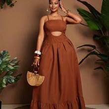 Plus Size Sexy Spaghetti Strap Hollow Out Pleated Backless Summer Dress - Marrón - Ver 1