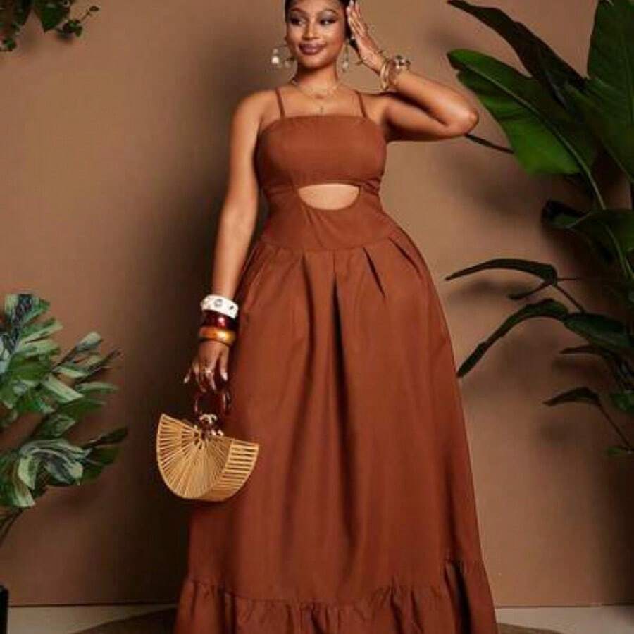 Plus Size Sexy Spaghetti Strap Hollow Out Pleated Backless Summer Dress - Marrón - Ver 1