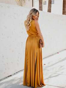Vestido largo de talla grande sin mangas con escote en V y abertura alta de color sólido - Amarillo - Ver 3