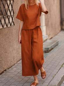 Conjunto De Top Y Pantalones Para Damas Con Cuello Redondo Y Mangas Murciélago - Naranja Quemada - Ver 6