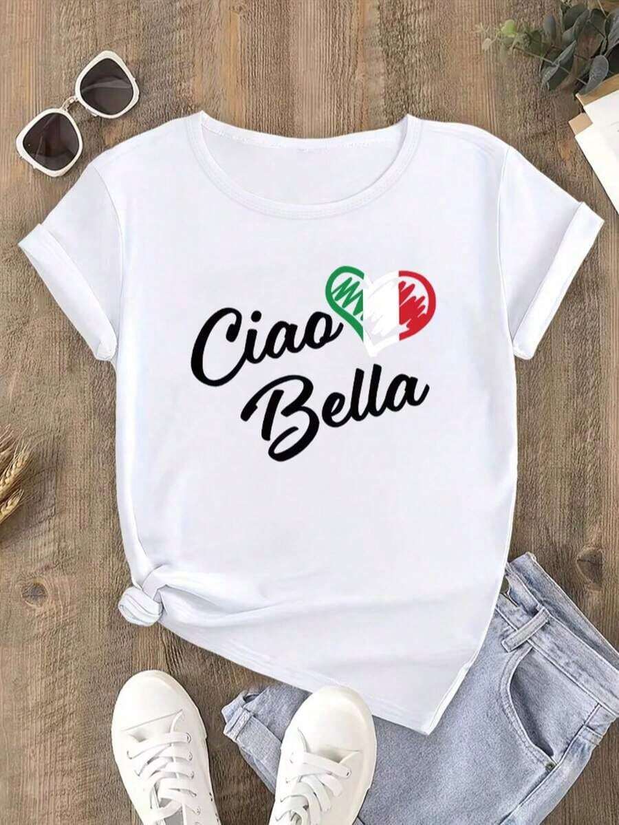 1 camiseta con estampado de corazón de la bandera italiana y "Ciao Bella", estilo casual de verano con temática italiana, colores de la bandera italiana, manga corta y cuello redondo, 180g 100% algodón, los diseños están completamente impresos. Unisexo. - Blanco - Ver 1