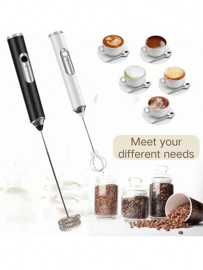 1 pieza Espumador de leche eléctrico de mano, de color negro/blanco, espumador eléctrico de leche para café, con 2 cabezales de varilla de acero inoxidable reemplazables, 3 ajustes de velocidad, recargable por USB, apto para café, leche, huevos, chocolate caliente